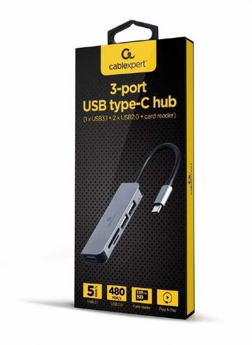 Gembird Hub 3-portowy usb-c, usb 2.0x2, usb 3.0, czytnik kart