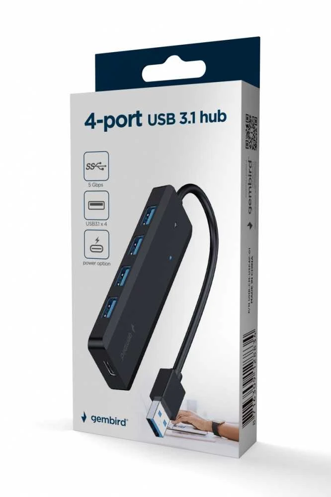 Gembird Hub 4-portowy usb 3.1 (gen 1), su opcją zasilania zewnętrznego przez port usb-c