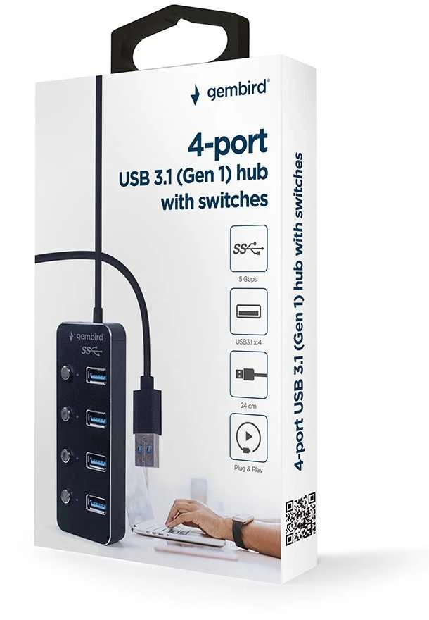 Gembird USB 3.1 (1 gen.) 4 prievadų šakotuvas su jungikliais, juodas