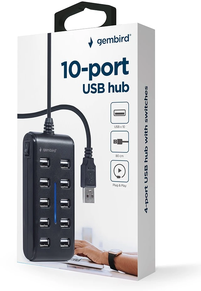 GEMBIRD 10 prievadų USB 2.0 HUB juodas