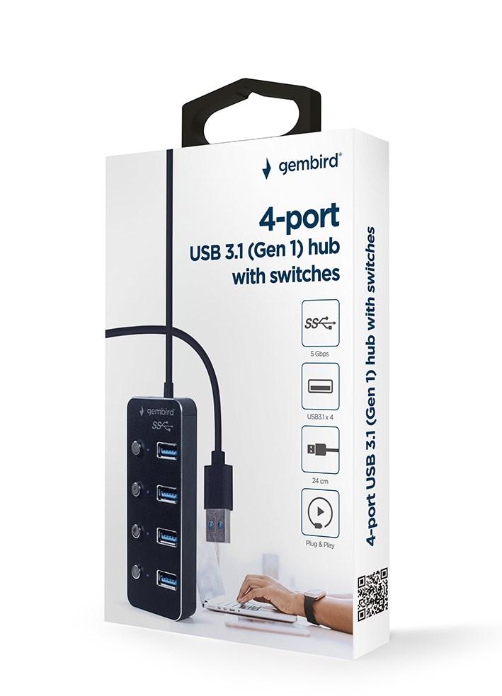 GEMBIRD USB 3.1 Gen 1 4 prievadų šakotuvas su jungikliais juodas