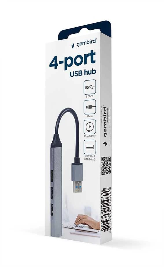 GEMBIRD 4-port USB HUB USB3 x 1 port USB2 x 3 jungtys sidabrinis