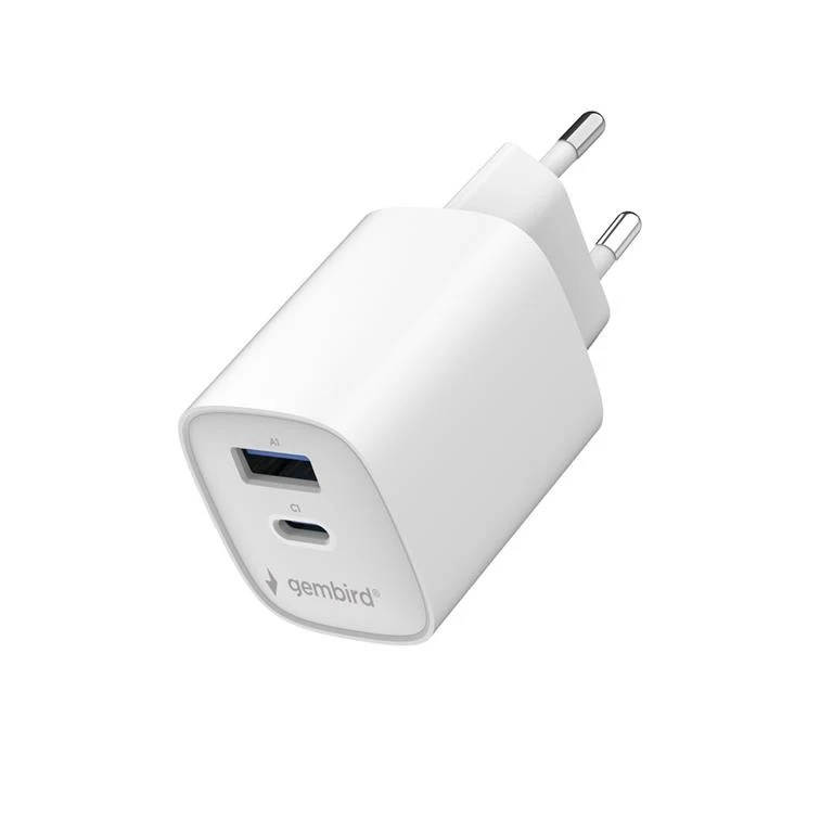 Įkroviklis Gembird Fast USB 2-port 1xUSB-C + 1x USB-A 45 W, baltas (TA-UC-1A1C-PD45-01-W)