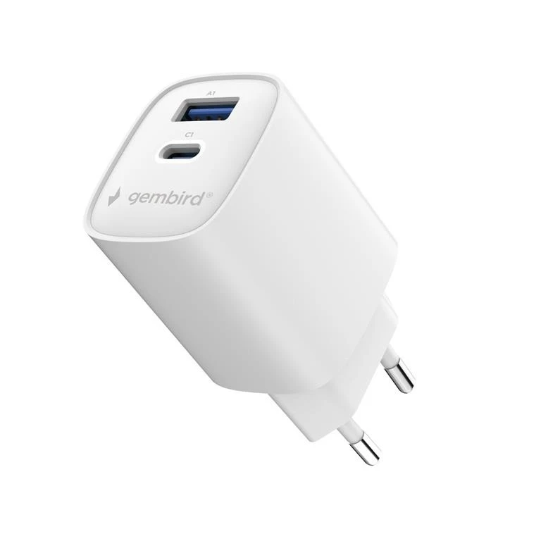 Įkroviklis Gembird Fast USB 2-port 1xUSB-C + 1x USB-A 45 W, baltas (TA-UC-1A1C-PD45-01-W)