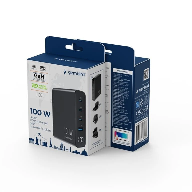 GEMBIRD 4-port 100 W GaN USB fast charger LCD juodas
