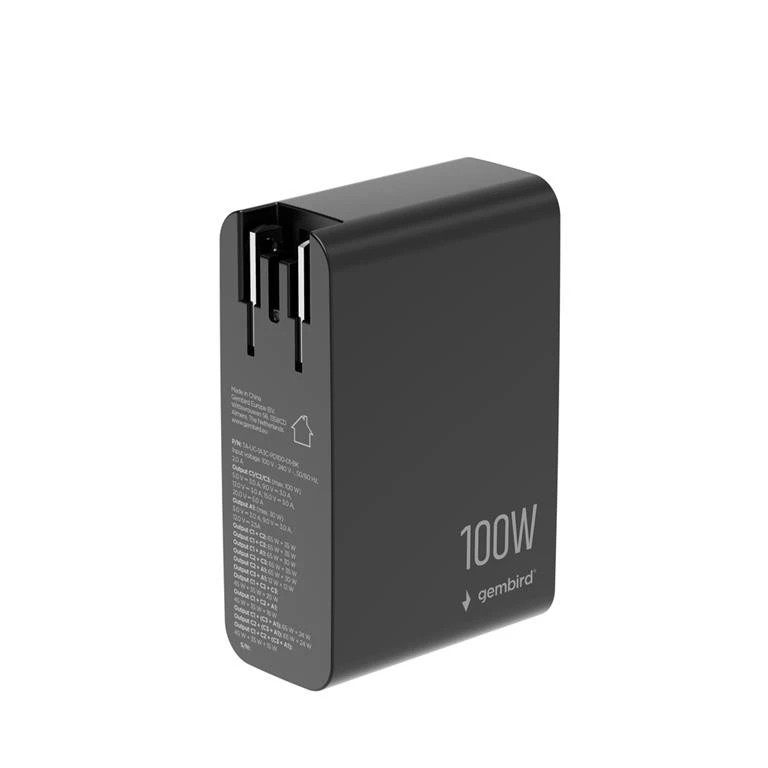 GEMBIRD 4-port 100 W GaN USB fast charger LCD juodas