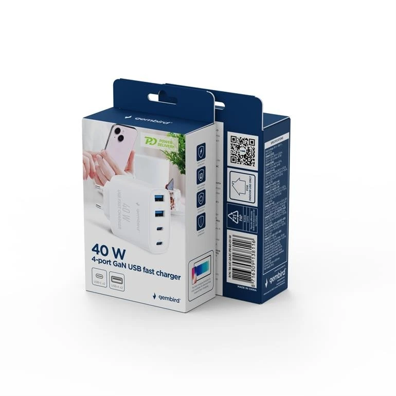 GEMBIRD 4-port 40 W GaN USB PowerDelivery fast charger baltas