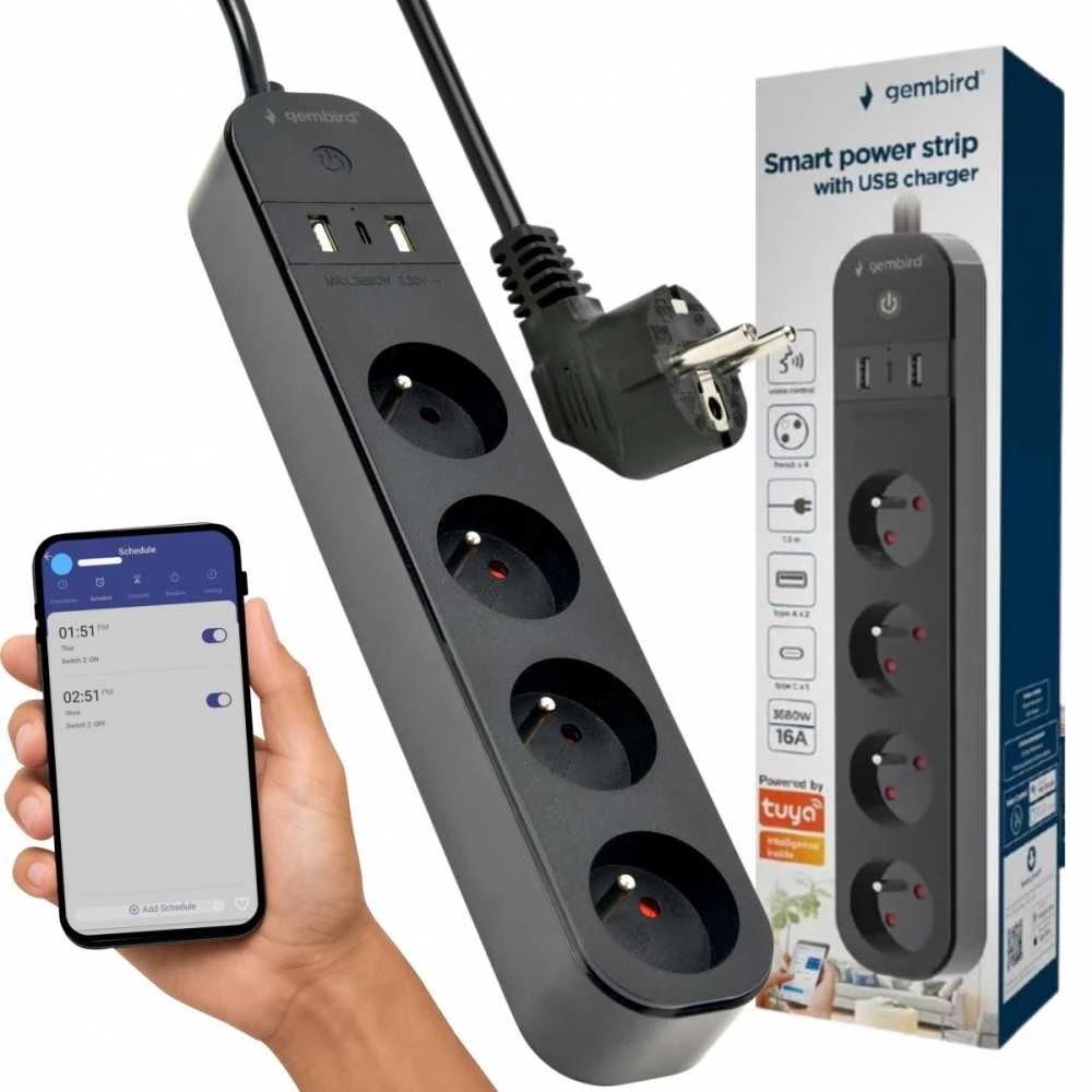 Gembird „Tuya 4xfr“ išmanusis maitinimo blokas, 2xUSB-A, 1xUSB-C, juodas