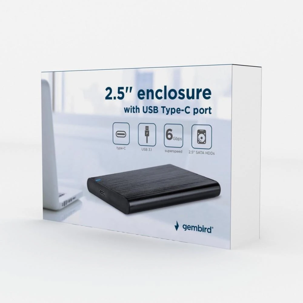 GEMBIRD EE2-U3S-6 HDD/SSD įrenginio korpusas 2,5" su USB Type-C prievadu USB 3.1 šlifuotas aliuminis juodas