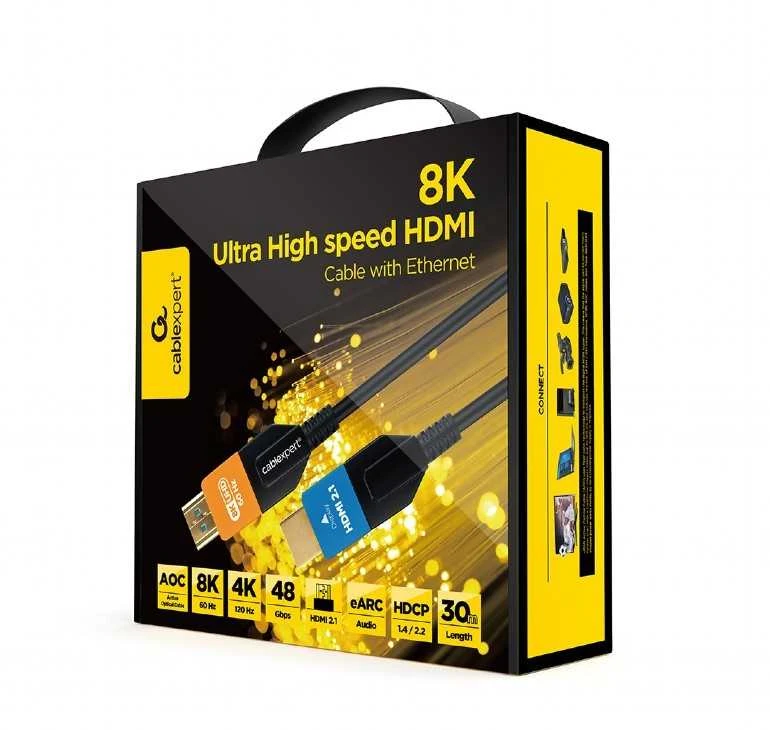 Kabeliai itin didelės spartos HDMI aktyvus optinis (AOC) per Ethernet 30m juodas Gembird