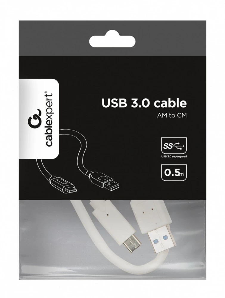 Kabelis USB Gembird USB-A - USB-C 0.5 m Baltas (CCP-USB3-AMCM-W-0.5M)