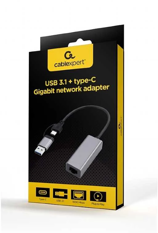 Gembird adapter usb typ 3.1 + usb-c -> lan rj45 gigabit 15cm