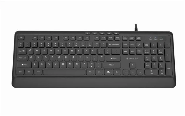 Gembird klaviatūra su laidu multimedialna slim, usb 5 klawiszy hotkeys, us išdėstymas, juoda