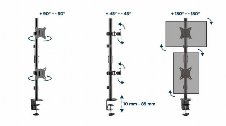 GEMBIRD reguliuojamas 2 ekranų vertikalus stalo laikiklis 17-32 colių 9kg
