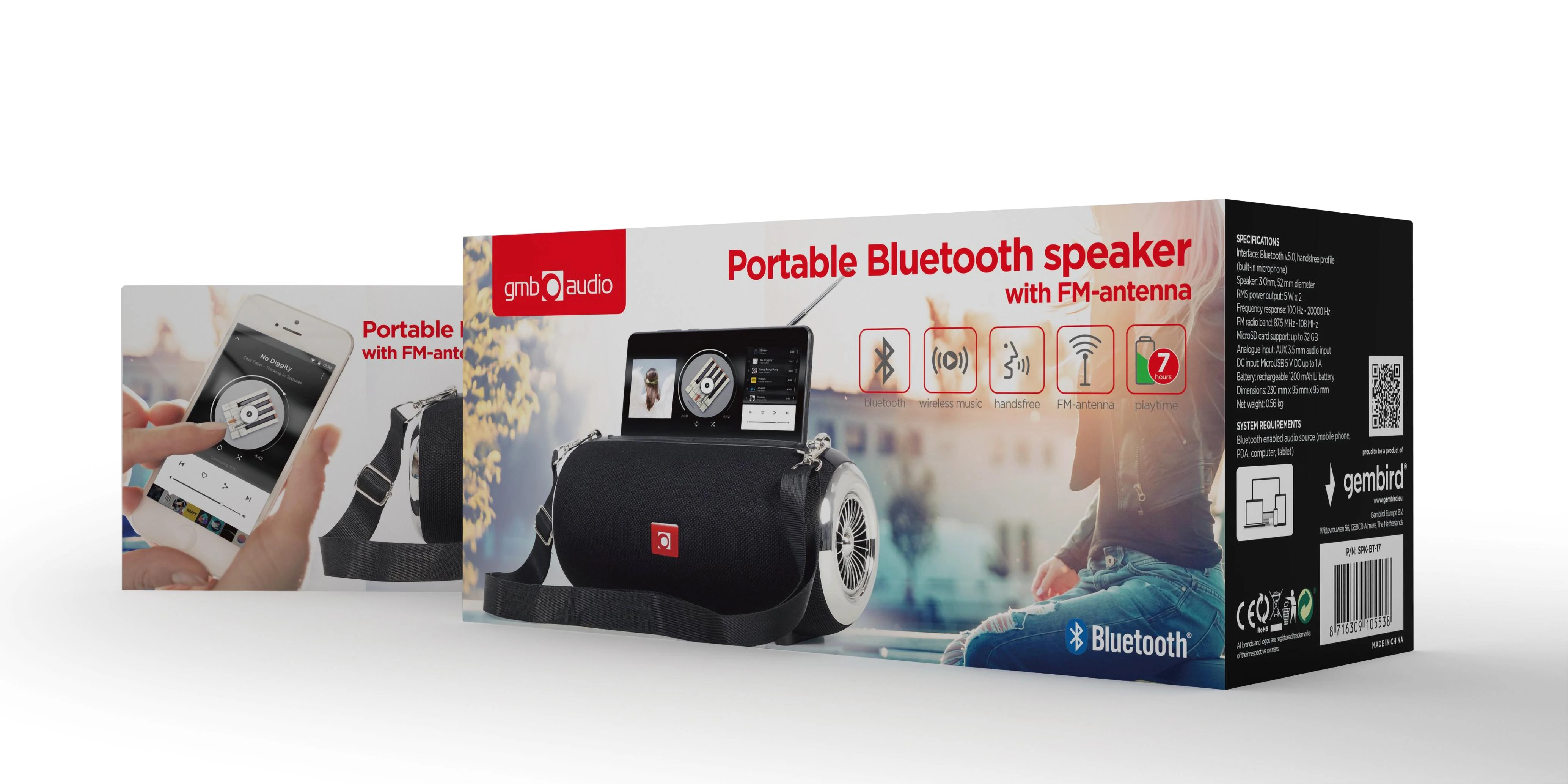 GEMBIRD SPK-BT-17 Nešiojamas Bluetooth garsiakalbis su antena juodas