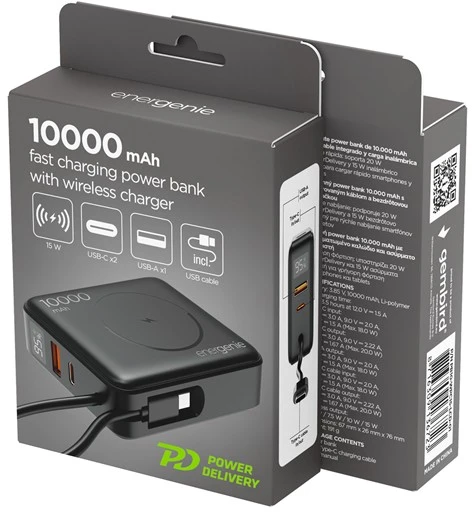 Gembird Powerbank 10000mah 1xusb-c/1xusb-a 20w belaidis 15w juoda
