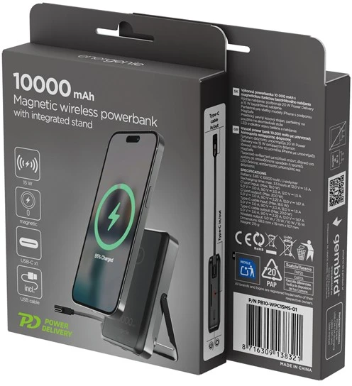 Gembird Powerbank 10000mah belaidis 15w usb-c 20w su podstawką, juoda