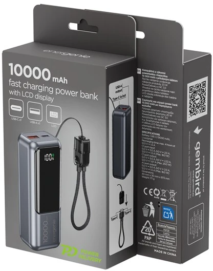 Gembird Powerbank lcd 10000mah qc3.0 20w pilka