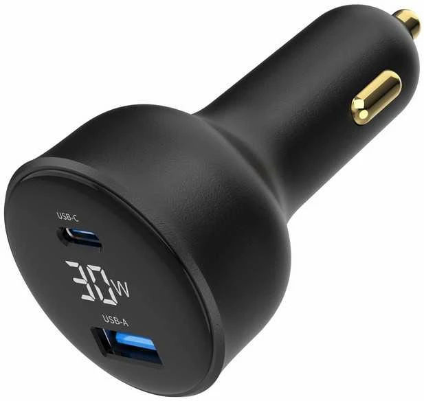 Gembird Greitas automobilinis įkroviklis 2x USB, C tipo (PD), LCD, 30W, juodas