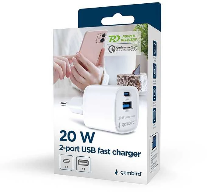 GEMBIRD 2-port USB fast charger with pass-through AC socket 20W baltas