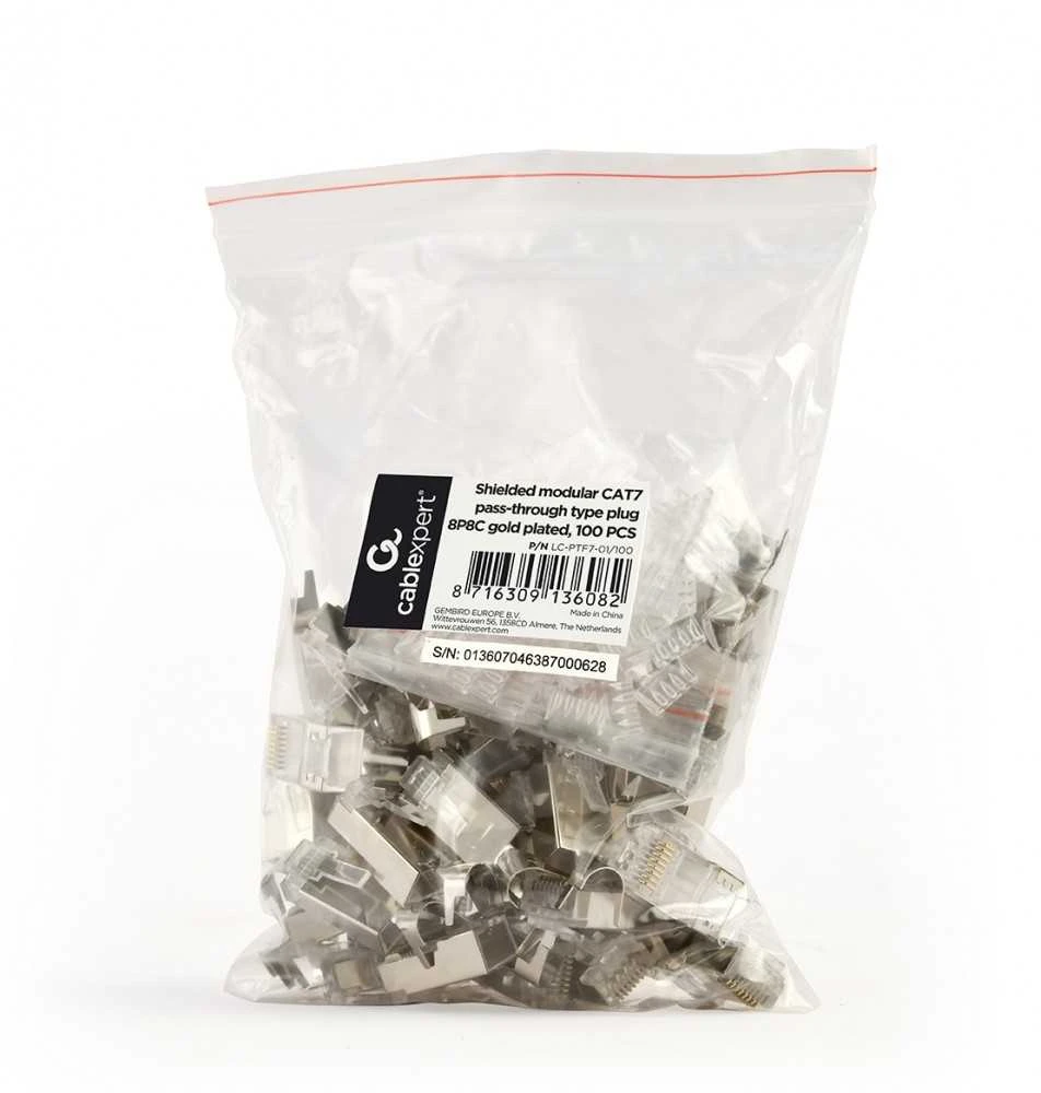 GEMBIRD Shielded modular CAT7 pass-through type plug 15u auksinis plated 100 pcs per bag