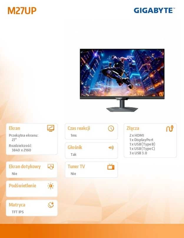 Monitorius Gigabyte | M27UP | 27 " | IPS | UHD | 160 Hz | 1 ms | 3840 x 2160 pikselių | 350 cd/m² | HDMI jungtys quantity 2