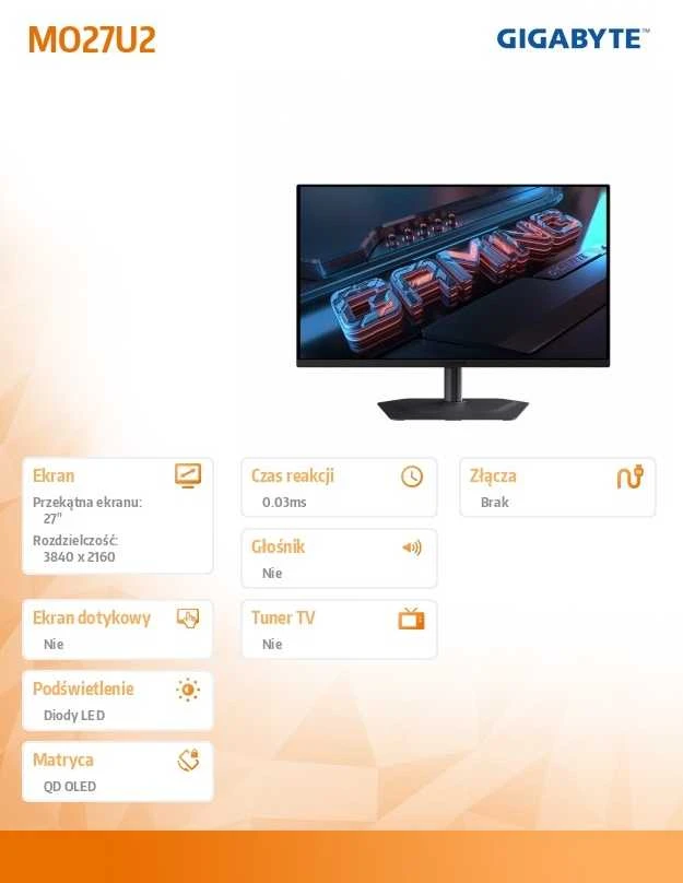 Monitorius Gigabyte MO27U2 - 240Hz | 4K | QD OLED | 27''