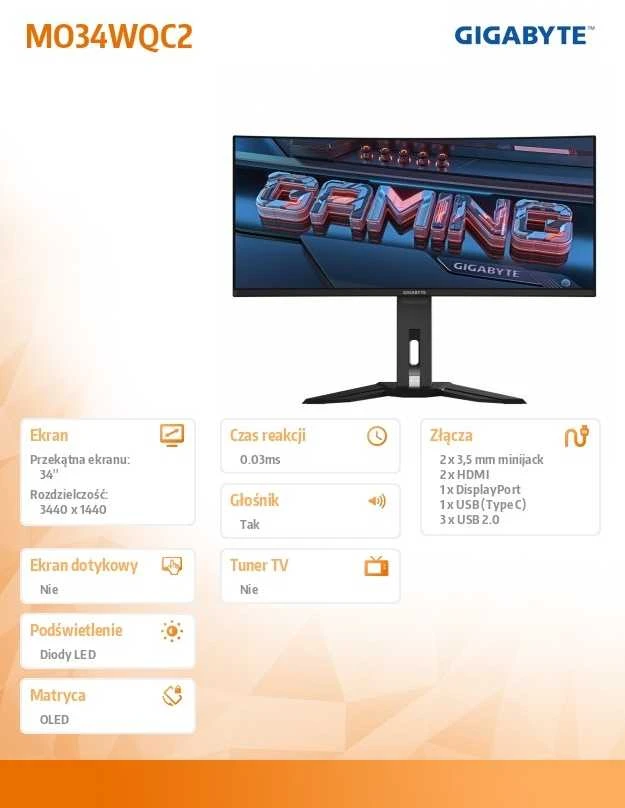 Monitorius Gigabyte | MO34WQC2 EK1 | 34" | OLED | WQHD | 240 Hz | 0,03 ms | 3440 x 1440 pikselių | 250 cd/m² | HDMI jungčių kiekis: 2
