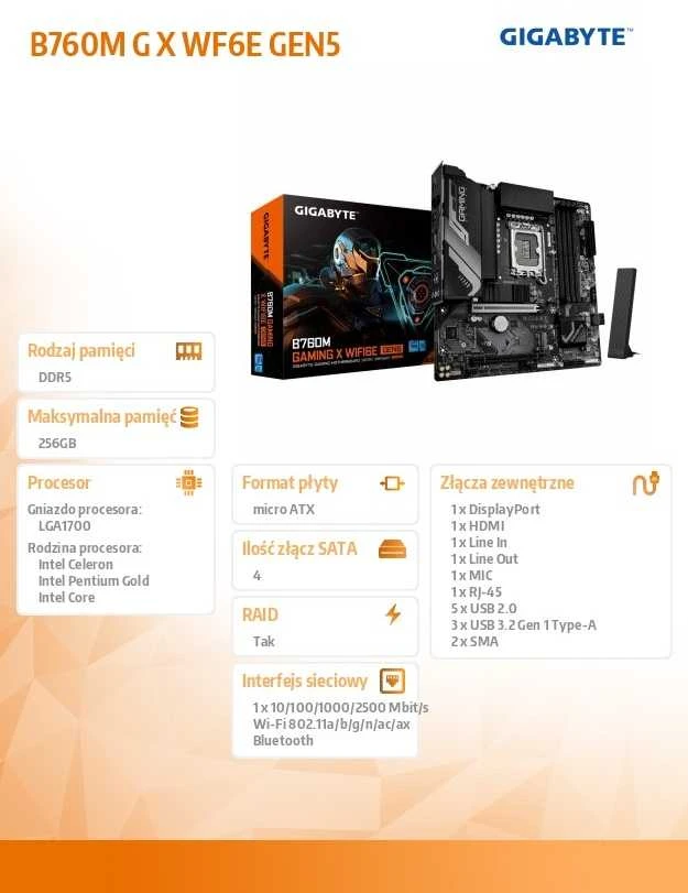 Pagrindinė plokštė „Gigabyte B760M GAMING X WIFI6E GEN5“ | Procesorių šeima „Intel“ | Procesoriaus lizdas LGA1700 | DDR5 | Palaikomos kietojo disko sąsajos SATA, M.2 | SATA jungčių skaičius: 4