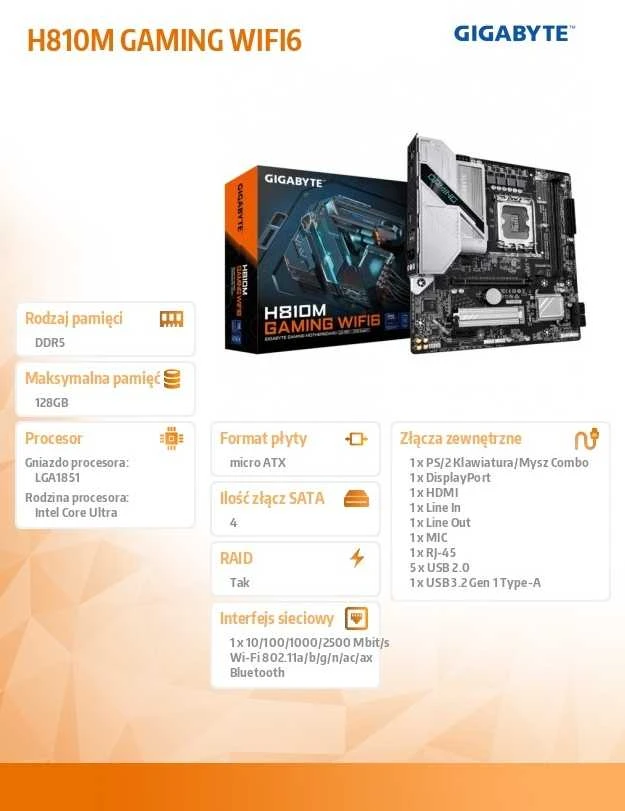 Pagrindinė plokštė GIGABYTE H810M GAMING WIFI6 LGA1851 MB