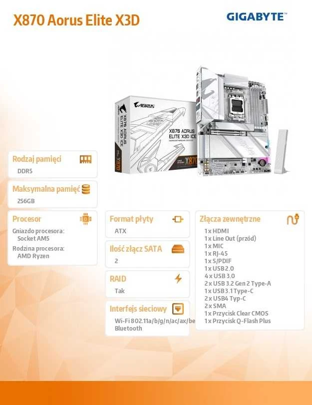 Pagrindinė plokštė Gigabyte X870 AORUS ELITE X3D ICE