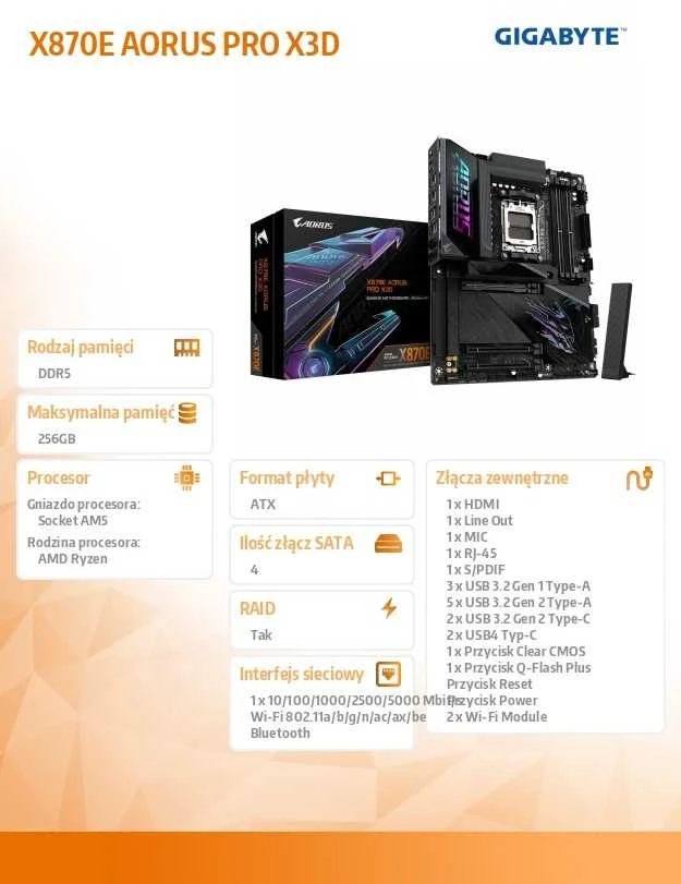 Pagrindinė plokštė Gigabyte X870E AORUS PRO X3D (AM5) (D)