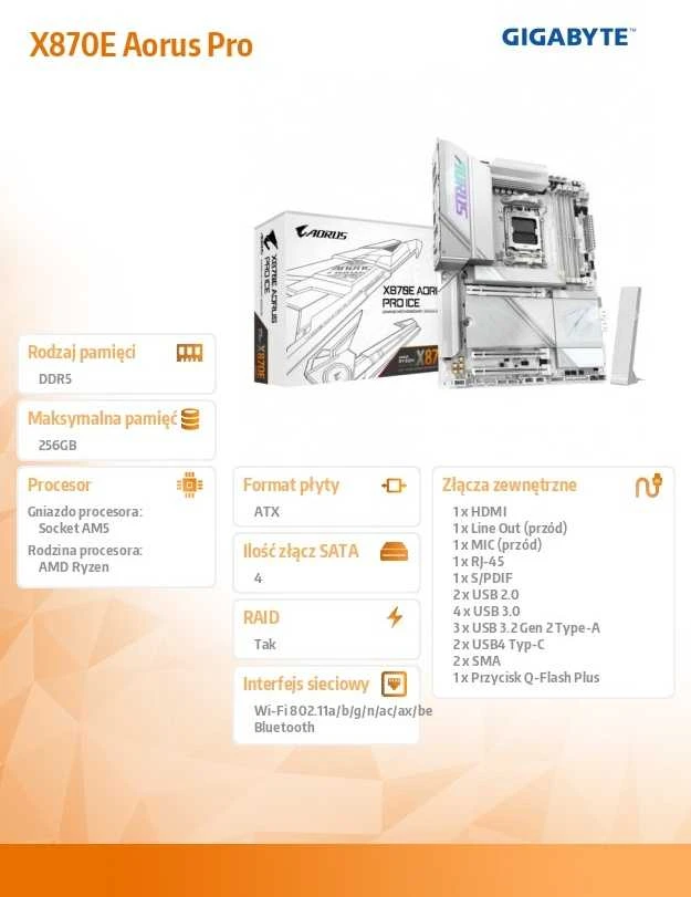Pagrindinė plokštė Gigabyte X870E AORUS PRO X3D ICE