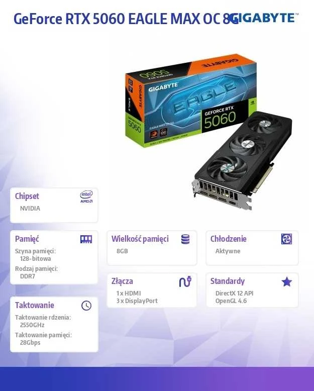 Vaizdo plokštė GIGABYTE GeForce RTX 5060 EAGLE MAX OC 8G Grafikos plokštė