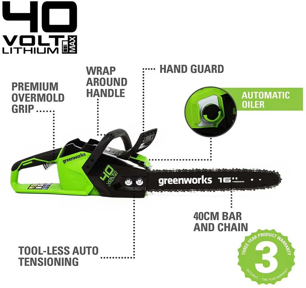 Greenworks Grandininis pjūklas GD40CS18, 40 cm 20 m/s, 40V, be akumuliatoriaus ir kroviklio