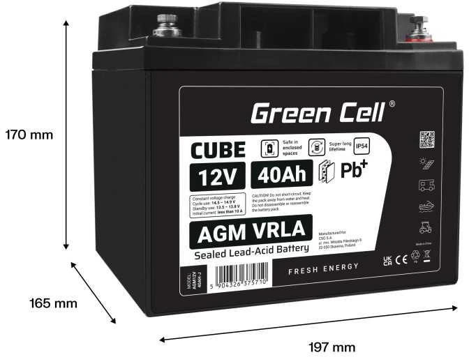 Green Cell Žalias Cell Žalias Cell CUBE AGM IP54 12V 40Ah VRLA Baterija Gel gilaus ciklo motoroleris vejapjovė valtis barža vejapjovė traktorius žvejybos laivas