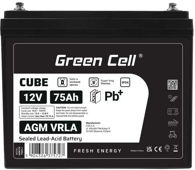 Green Cell Žalias Cell Žalias Cell CUBE AGM IP54 12V 75Ah VRLA Baterija Gel gilaus ciklo maitinimo kėdutė fotovoltinė laisvalaikio baterija kemperis