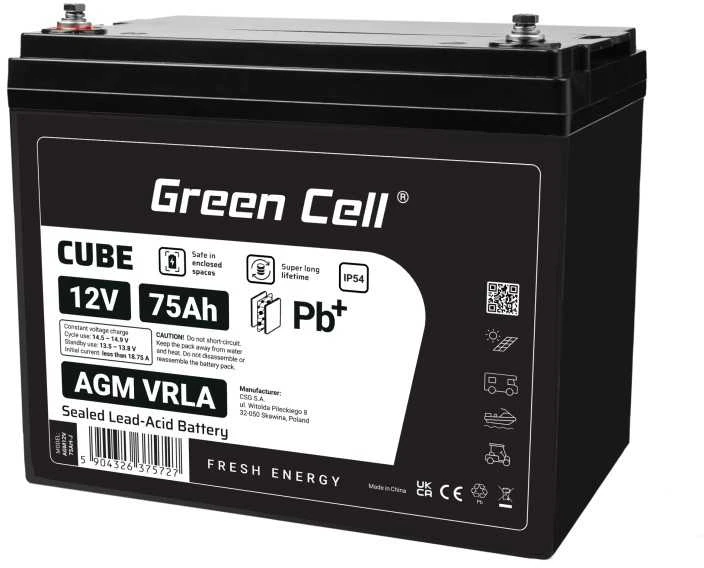 Green Cell Žalias Cell Žalias Cell CUBE AGM IP54 12V 75Ah VRLA Baterija Gel gilaus ciklo maitinimo kėdutė fotovoltinė laisvalaikio baterija kemperis