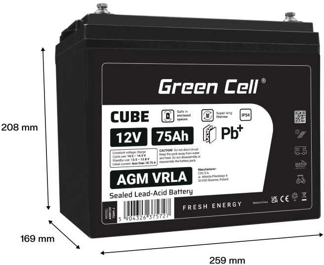 Green Cell Žalias Cell Žalias Cell CUBE AGM IP54 12V 75Ah VRLA Baterija Gel gilaus ciklo maitinimo kėdutė fotovoltinė laisvalaikio baterija kemperis