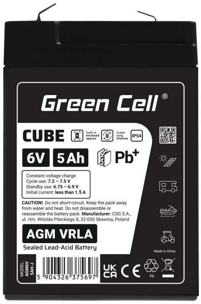 Green Cell Žalias Cell Žalias Cell CUBE AGM IP54 6V 5Ah VRLA Baterija Gel gilaus ciklo žaislai vaikų signalizacijos sistemoms