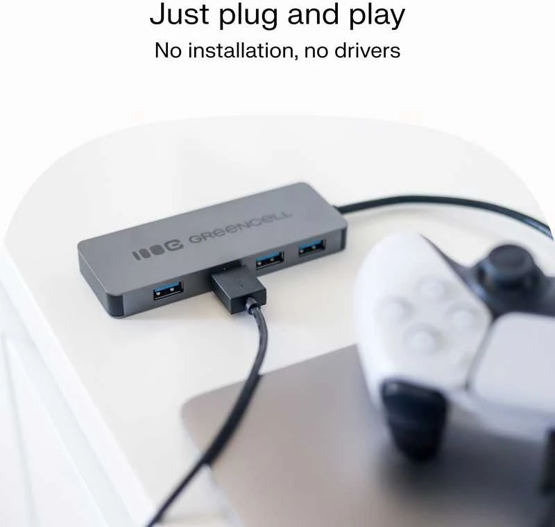 Green Cell Žalias Cell Adapteris Basic HUB Greencell USB-A 4in1 (4×USB 3.0) – greitas duomenų perdavimas iki 5 Gb/s, aliuminio korpusas