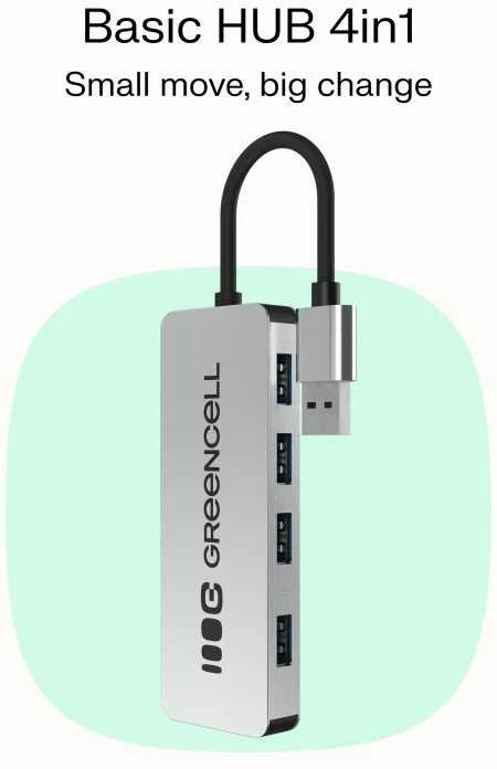 Green Cell Žalias Cell Adapteris Basic HUB Greencell USB-A 4in1 (4×USB 3.0) – greitas duomenų perdavimas iki 5 Gb/s, aliuminio korpusas