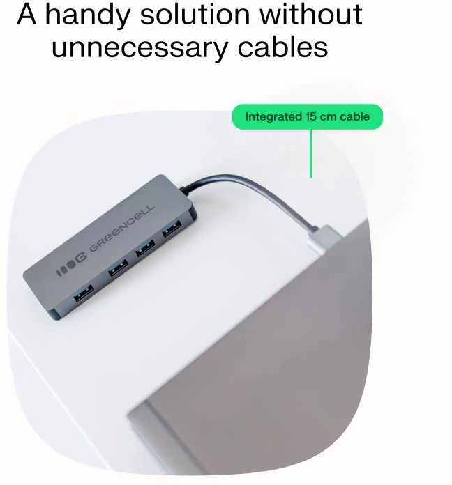 Green Cell Žalias Cell Adapteris Basic HUB Greencell USB-A 4in1 (4×USB 3.0) – greitas duomenų perdavimas iki 5 Gb/s, aliuminio korpusas