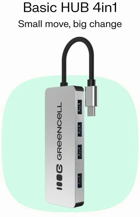 Green Cell Žalias Cell Adapteris Basic HUB Greencell USB-C 4in1 (4×USB-A 3.0) – greitas perdavimas iki 5 Gb/s, aliuminio korpusas