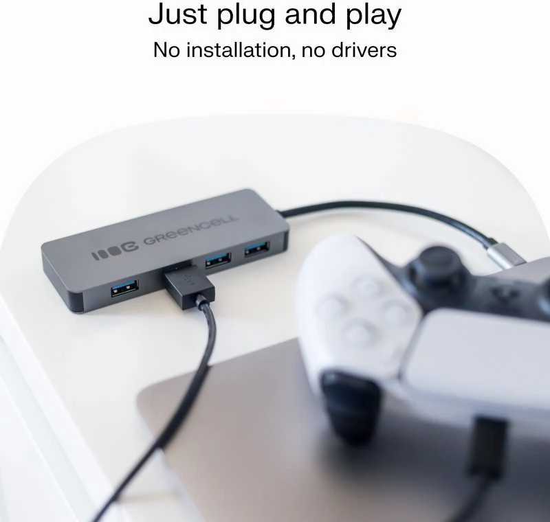 Green Cell Žalias Cell Adapteris Basic HUB Greencell USB-C 4in1 (4×USB-A 3.0) – greitas perdavimas iki 5 Gb/s, aliuminio korpusas