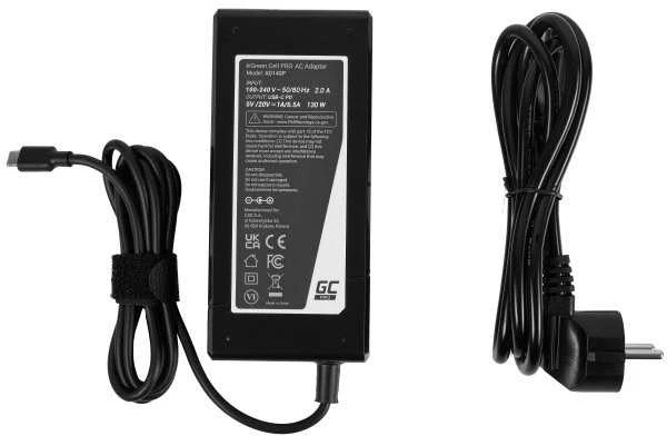 Green Cell „Žalias Cell“ USB-C įkroviklis / įkroviklis 130 W, 5 V, 9 V, 12 V, 15 V / 3 A, 20 V / 6,5 A, maitinimo šaltinis (ad140p)