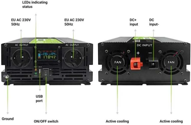Green Cell LCD keitiklis 12v 2000w/4000w gryno sinusoido su ekranu