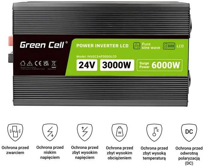 Green Cell Žalias cell przetwornica LCD 24v/230v 3000w/6000w czysty sinus invgc24p3000lcd