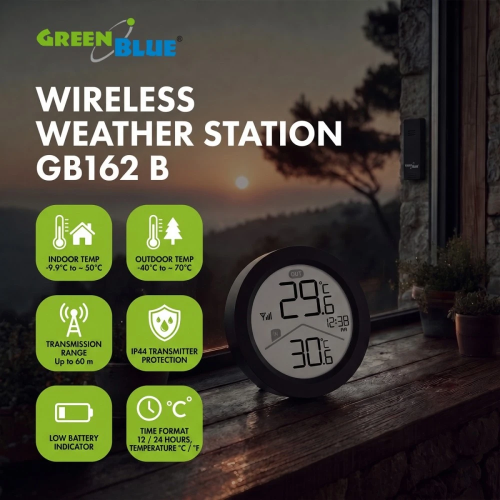 „GreenBlue“ belaidė meteorologinė stotelė, įėjimo/išėjimo temperatūra, laikrodis, pasirenkami °C / °F, veikimo nuotolis iki 60 m, juoda, GB162 B