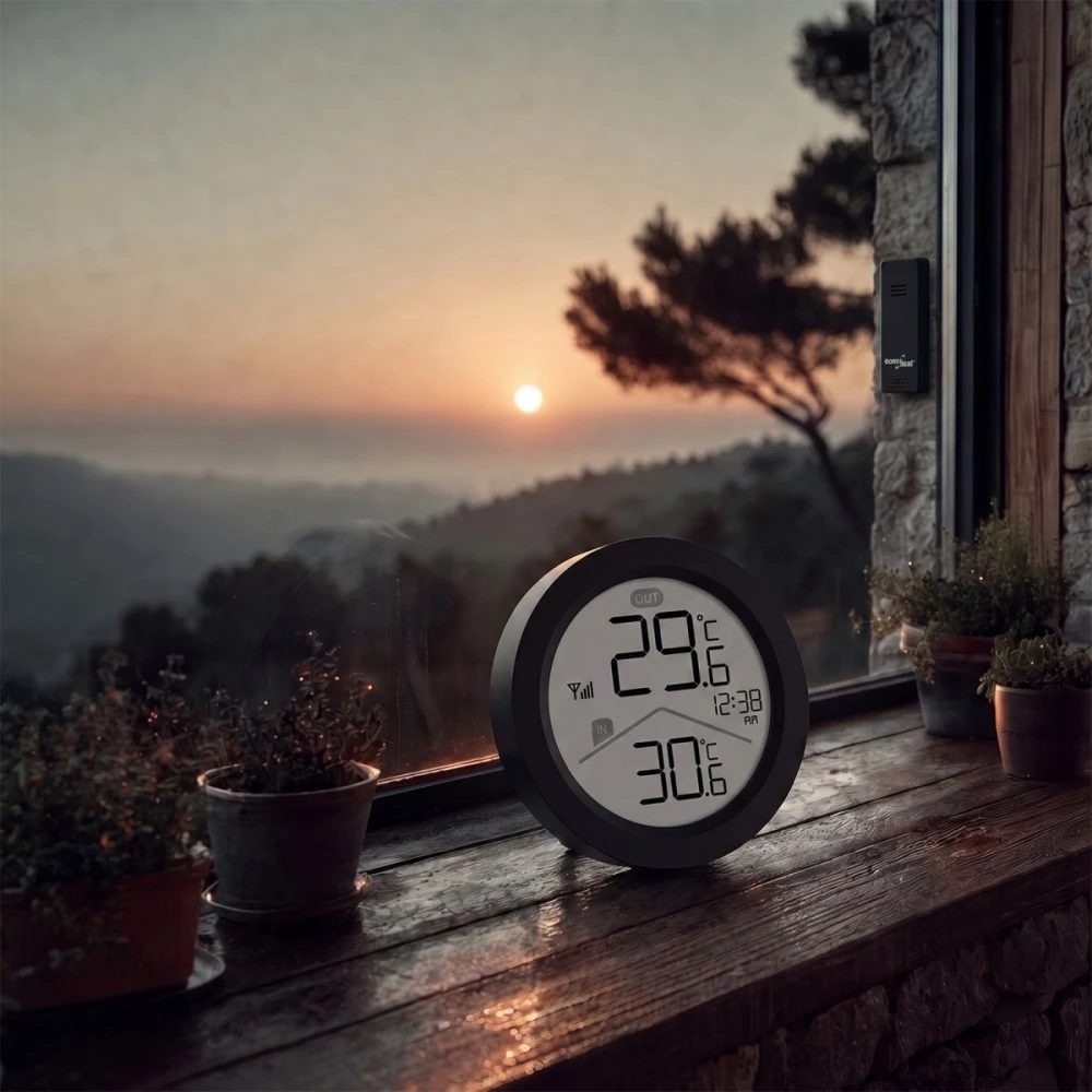„GreenBlue“ belaidė meteorologinė stotelė, įėjimo/išėjimo temperatūra, laikrodis, pasirenkami °C / °F, veikimo nuotolis iki 60 m, juoda, GB162 B